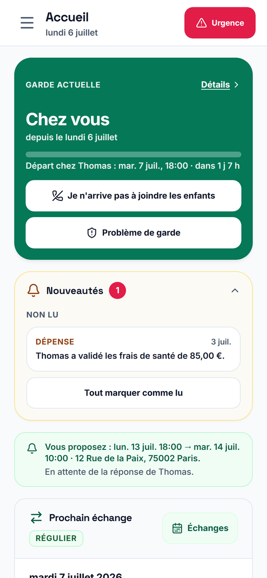 Écran d'accueil de CoPa : garde actuelle, prochain départ chez l'autre parent, nouveautés et proposition de changement d'échange en attente de réponse