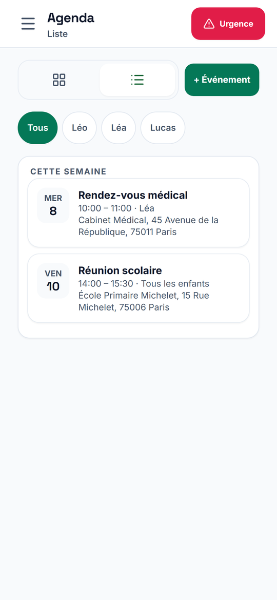 Agenda en liste : rendez-vous médical et réunion scolaire, avec lieu, enfants concernés et parent qui les a ajoutés