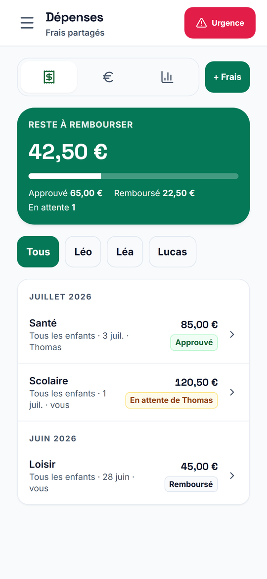 Frais partagés : parts approuvées et remboursées, frais en attente de validation par l'autre parent